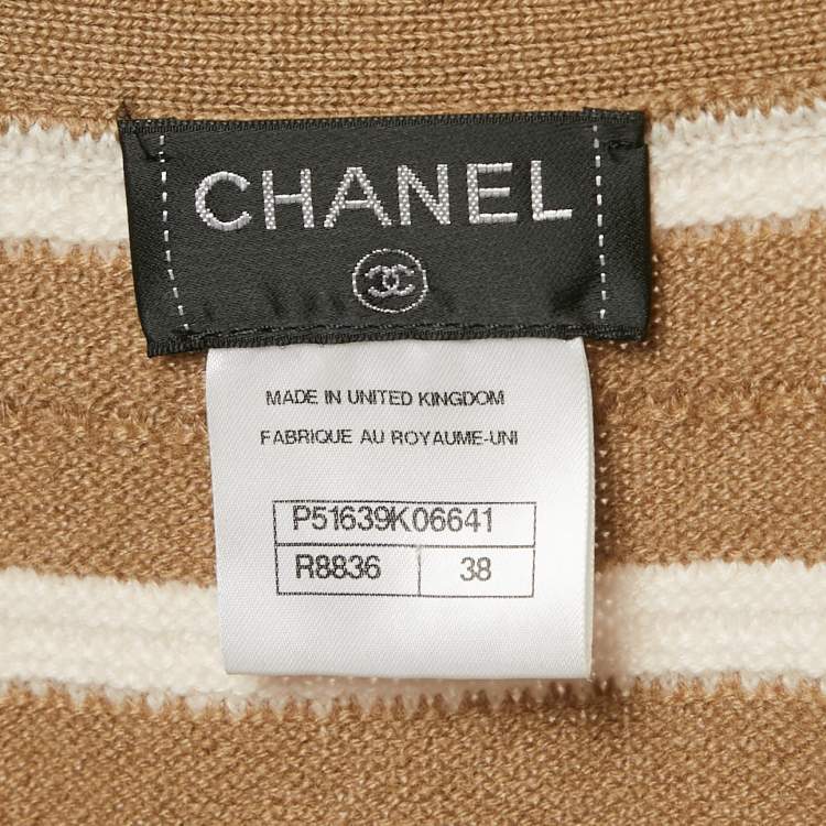 Pre Owned Chanel Beige/Ivory Stripe Cashmere Knit Button Front Mini Sweater Dress M