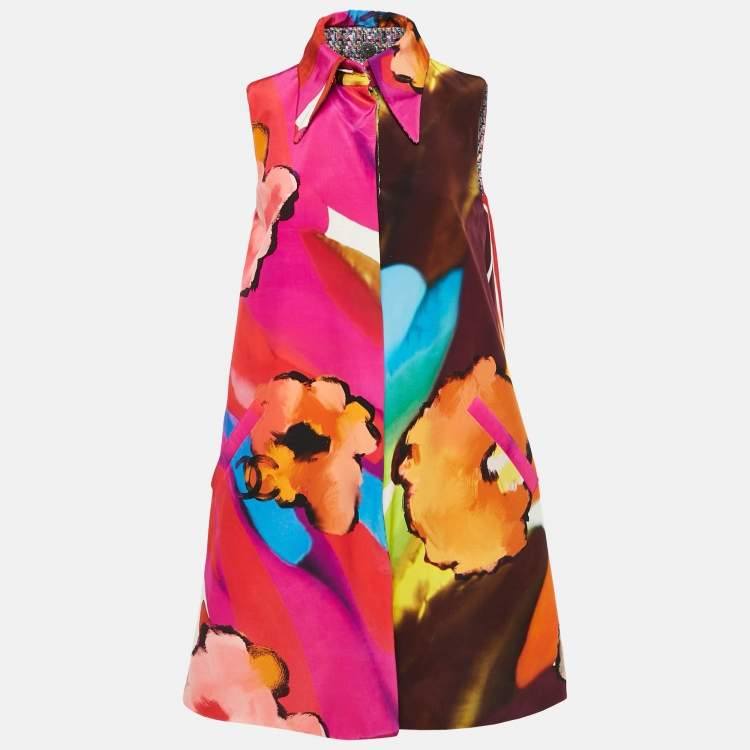 Pre Owned Chanel Multicolor Printed Silk Crepe De Chine Cape and Dress Set S