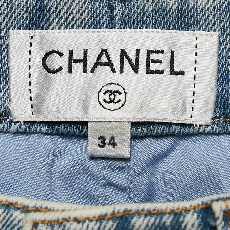 Pre Owned Chanel Navy Blue Light Blue Coco Embroidered Denim Shorts S