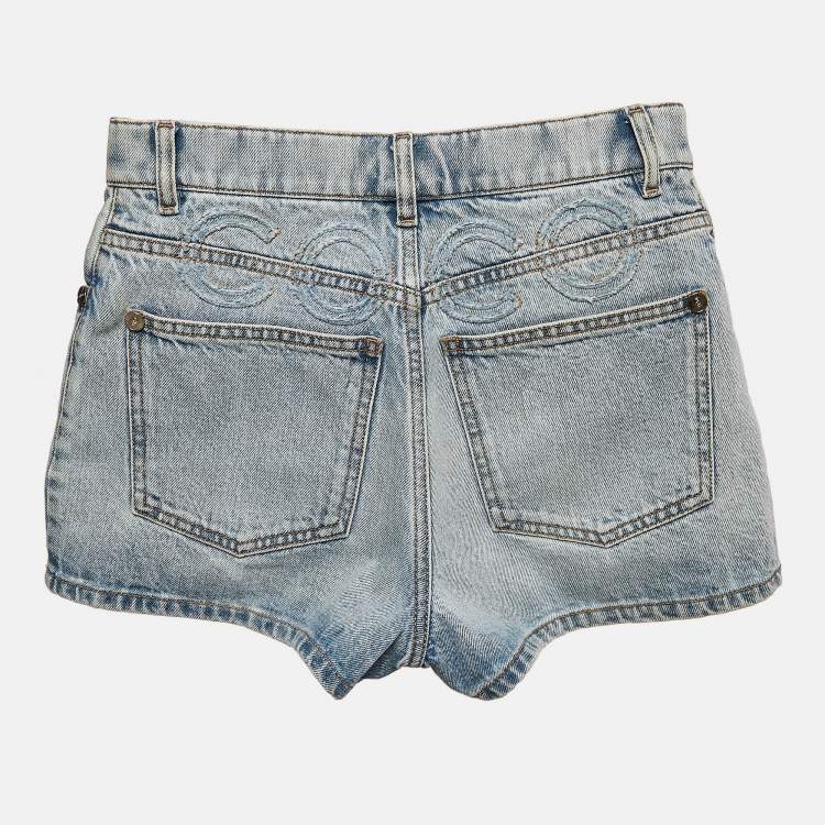 Pre Owned Chanel Navy Blue Light Blue Coco Embroidered Denim Shorts S