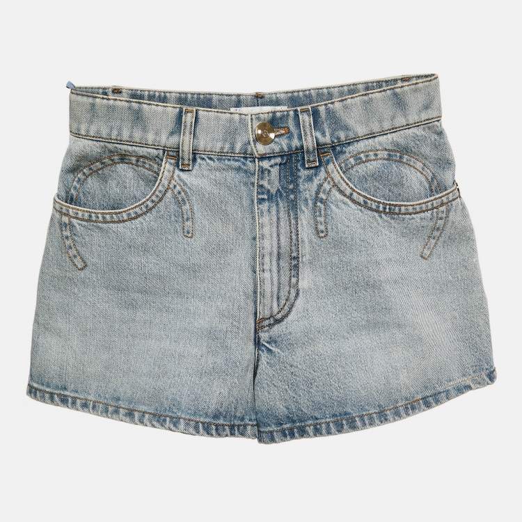 Pre Owned Chanel Navy Blue Light Blue Coco Embroidered Denim Shorts S