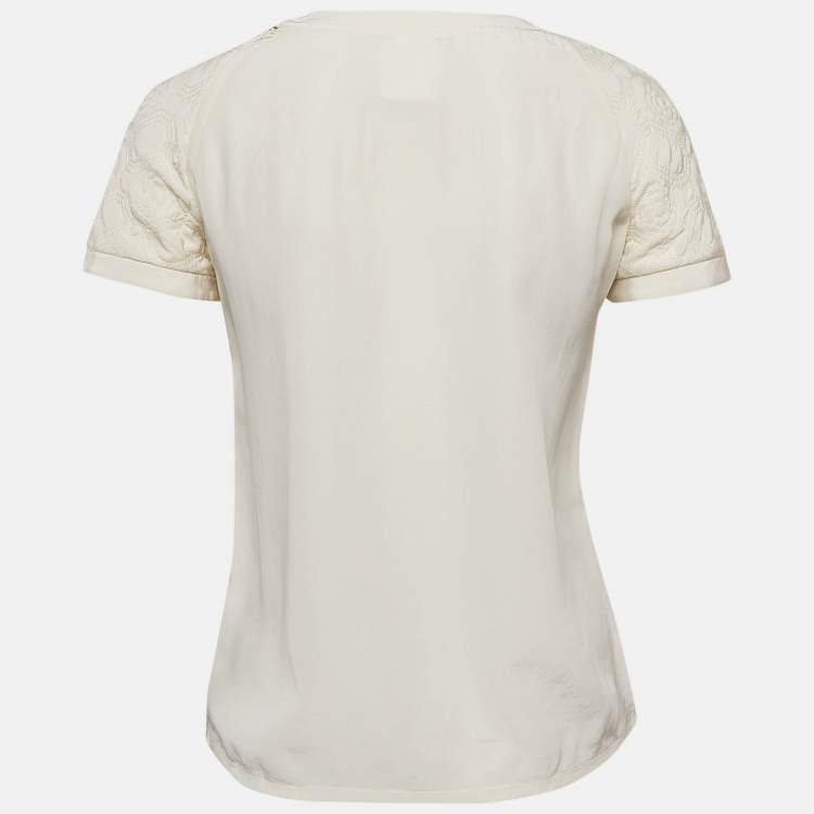 Pre Owned Chanel Ivory Camellia Quilted Silk Top S