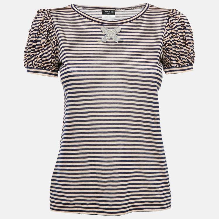 Pre Owned Chanel Blue/Pink Striped Jersey CC Bow Detail T-Shirt S