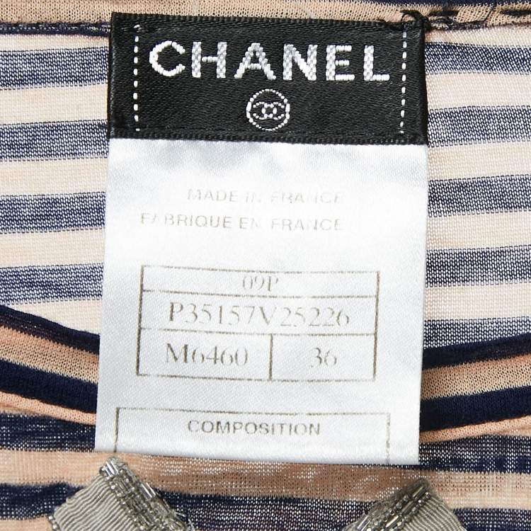 Pre Owned Chanel Blue/Pink Striped Jersey CC Bow Detail T-Shirt S