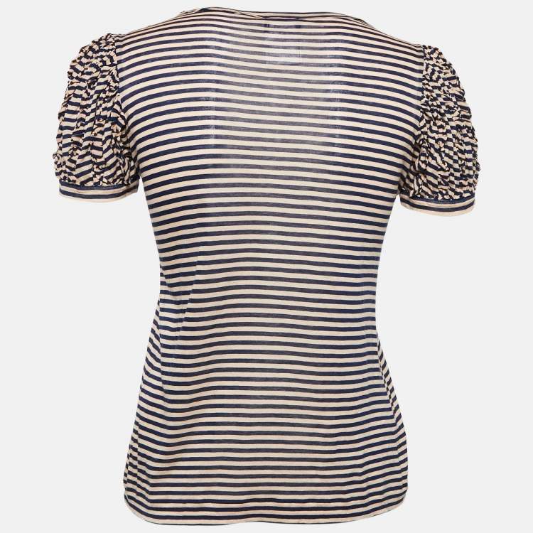 Pre Owned Chanel Blue/Pink Striped Jersey CC Bow Detail T-Shirt S