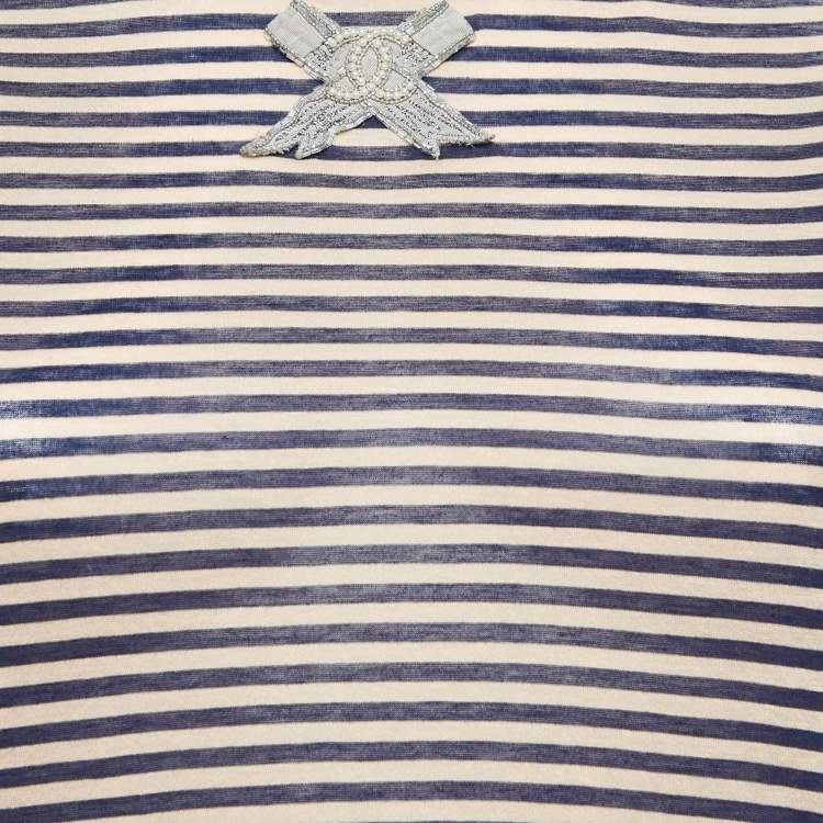 Pre Owned Chanel Blue/Pink Striped Jersey CC Bow Detail T-Shirt S