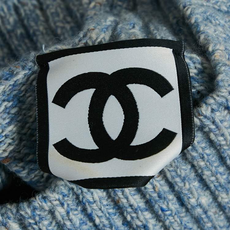 Pre Owned Chanel Blue Patterned Wool High Neck Sweater S