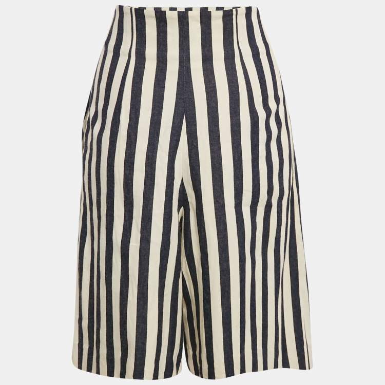 Pre Owned Chanel Off-White/ Blue Stripe Cotton Capri Pants M