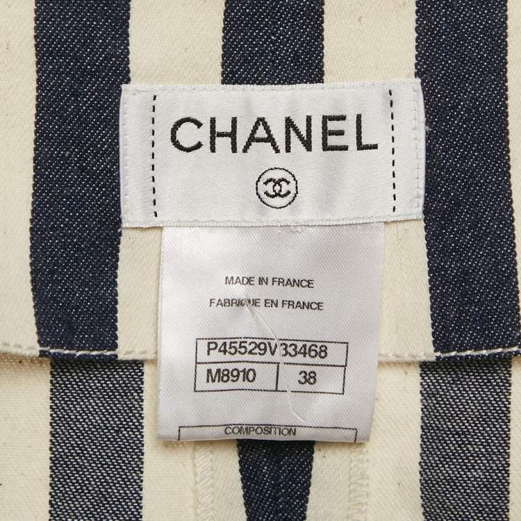 Pre Owned Chanel Off-White/ Blue Stripe Cotton Capri Pants M
