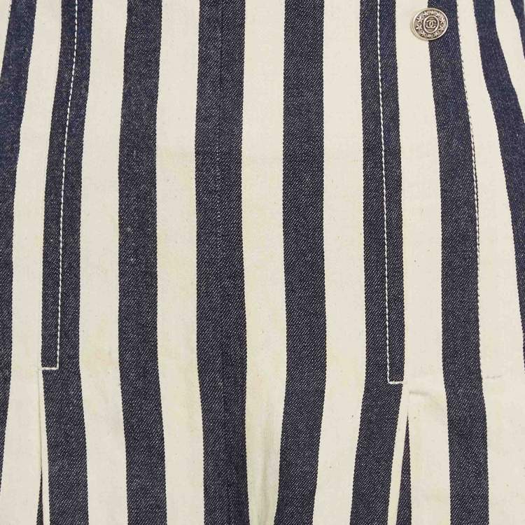 Pre Owned Chanel Off-White/ Blue Stripe Cotton Capri Pants M