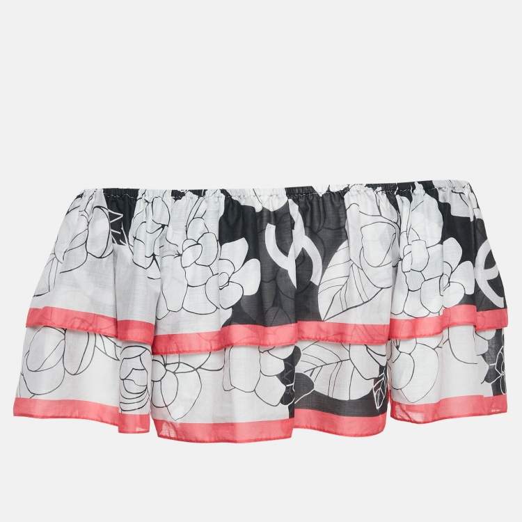 Pre Owned Chanel White/Pink Floral Print Cotton Gathered Neck Top S