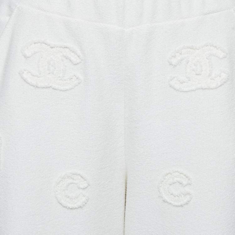 Pre Owned Chanel White Cotton Knit Logo Applique Detail Sweatpants M