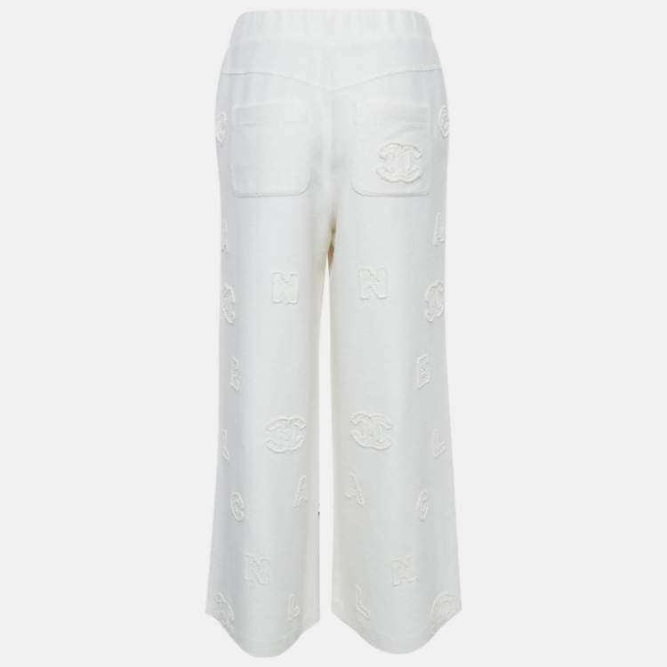 Pre Owned Chanel White Cotton Knit Logo Applique Detail Sweatpants M