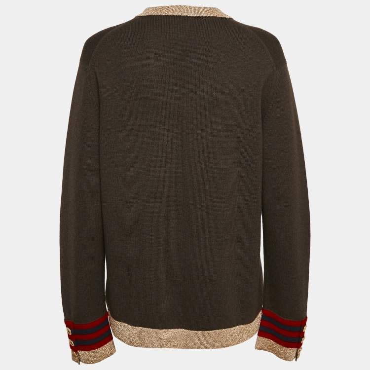 Pre Owned Chanel Brown Cashmere Button Front Lurex Contrast Cardigan M