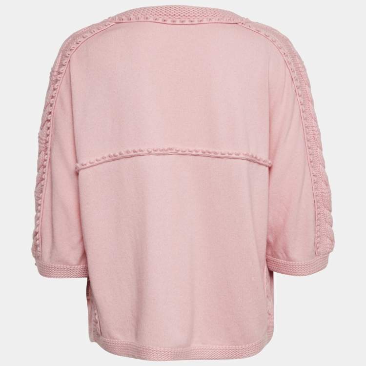 Pre Owned Chanel Pink Patterned Knit Cashmere Open Front Cardigan M