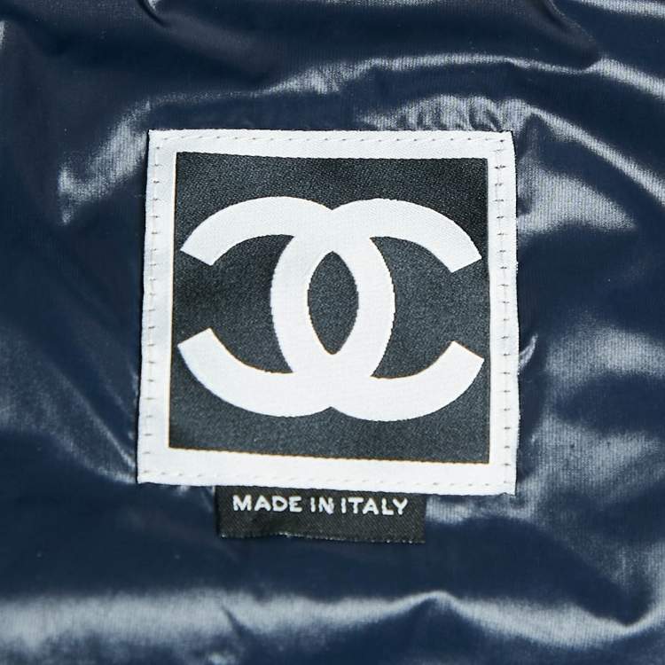 Pre Owned Chanel Navy Blue Nylon Zip-Up Quilted Jacket M