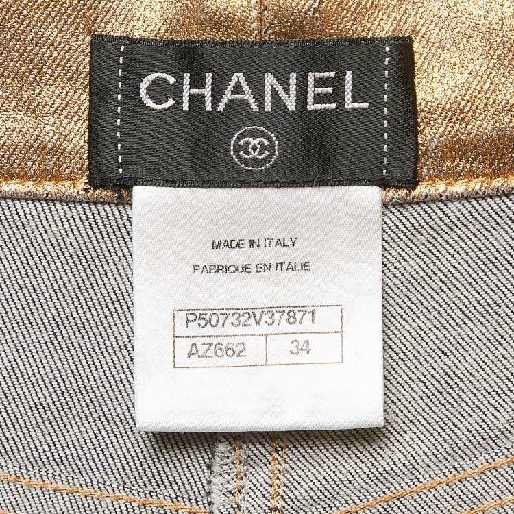 Pre Owned Chanel Gold Print Denim Wide Leg Jeans S Waist 28"