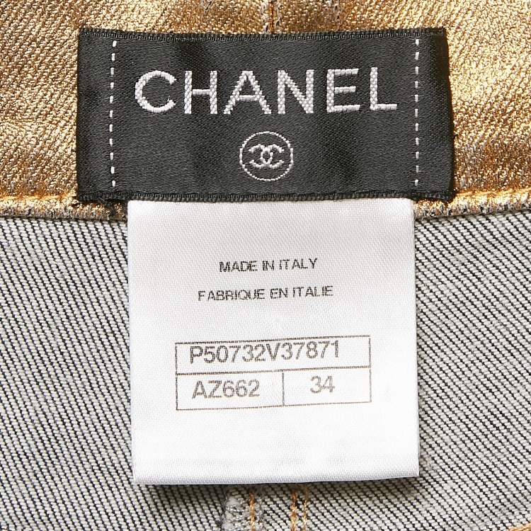 Pre Owned Chanel Gold Print Denim Wide Leg Jeans S Waist 28"