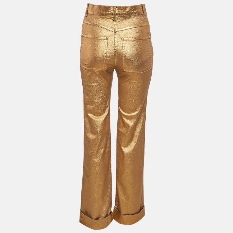 Pre Owned Chanel Gold Print Denim Wide Leg Jeans S Waist 28"