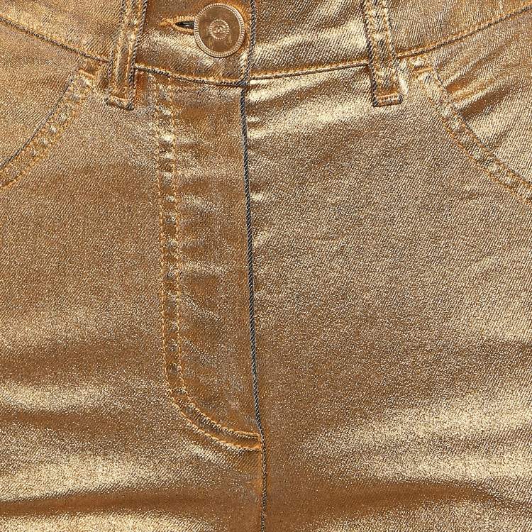 Pre Owned Chanel Gold Print Denim Wide Leg Jeans S Waist 28"