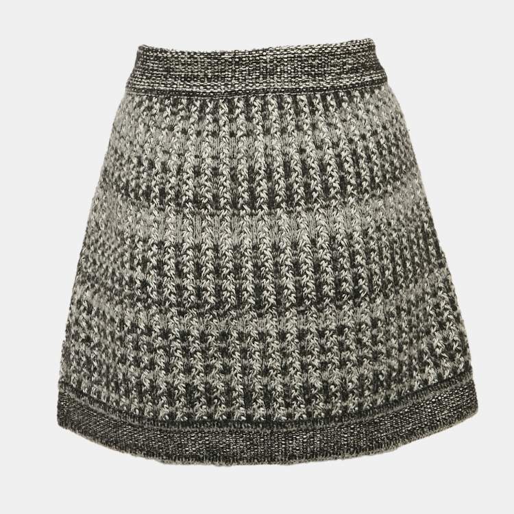 Pre Owned Chanel Black/White Patterned Wool Blend Knit Mini Skirt M