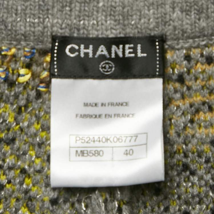 Pre Owned Chanel Grey Patterned Wool Bend Midi Skirt M