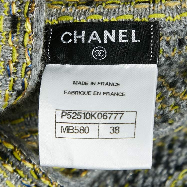Pre Owned Chanel Grey Patterned Wool Blend Turtle Neck Sweater M
