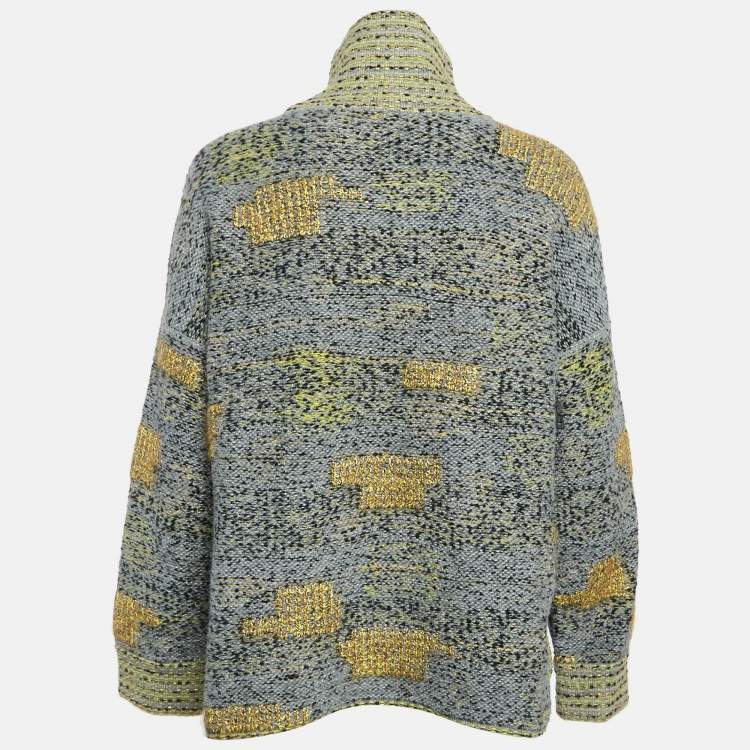 Pre Owned Chanel Grey Patterned Wool Blend Turtle Neck Sweater M