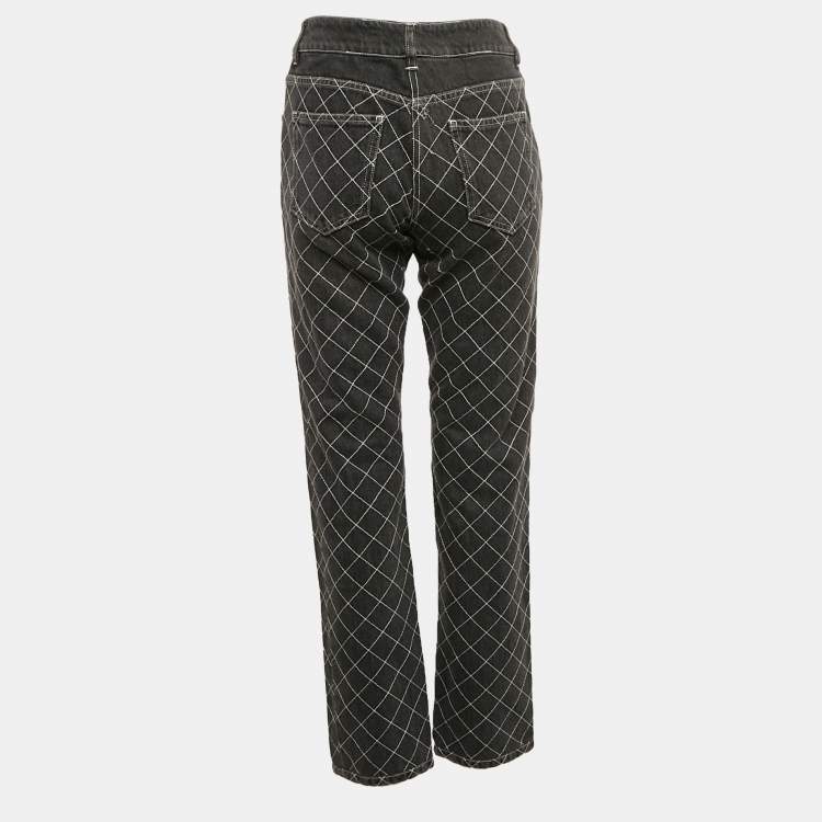 Pre Owned Chanel Charcoal Grey Check Embroidery Denim Jeans M 31"