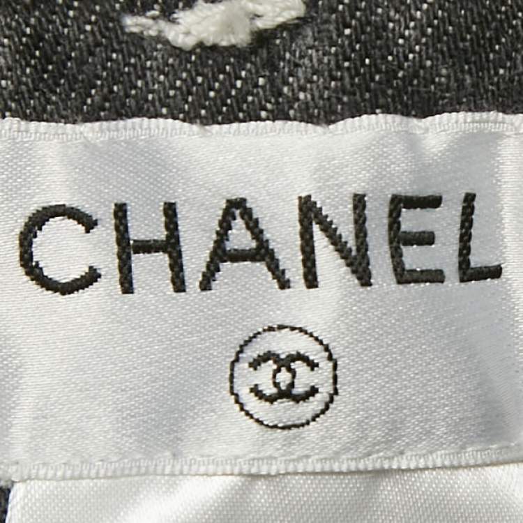Pre Owned Chanel Charcoal Grey Check Embroidery Denim Jeans M 31"