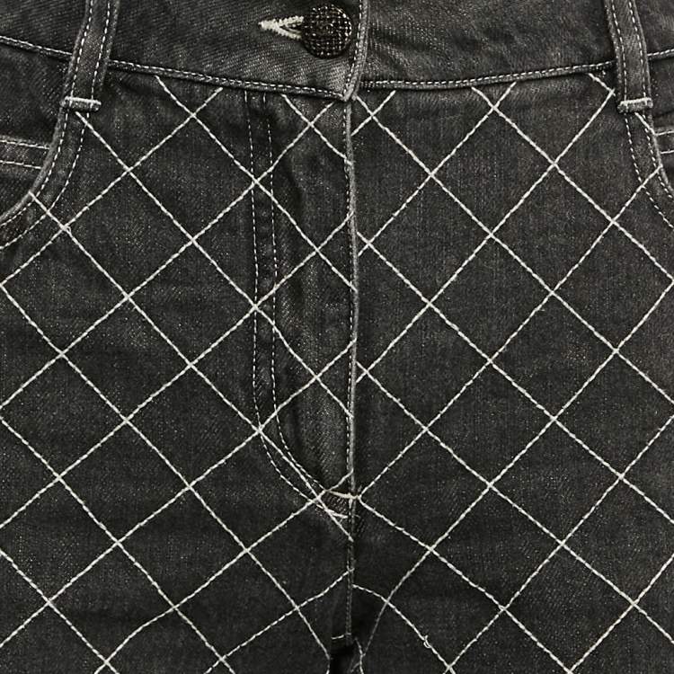 Pre Owned Chanel Charcoal Grey Check Embroidery Denim Jeans M 31"