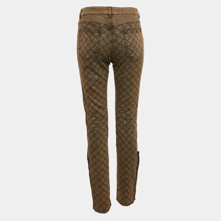Pre Owned Chanel Brown Check Embroidery Denim Slit Detail Jeans M Waist 30"