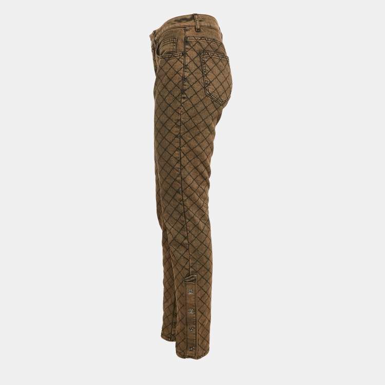 Pre Owned Chanel Brown Check Embroidery Denim Slit Detail Jeans M Waist 30"