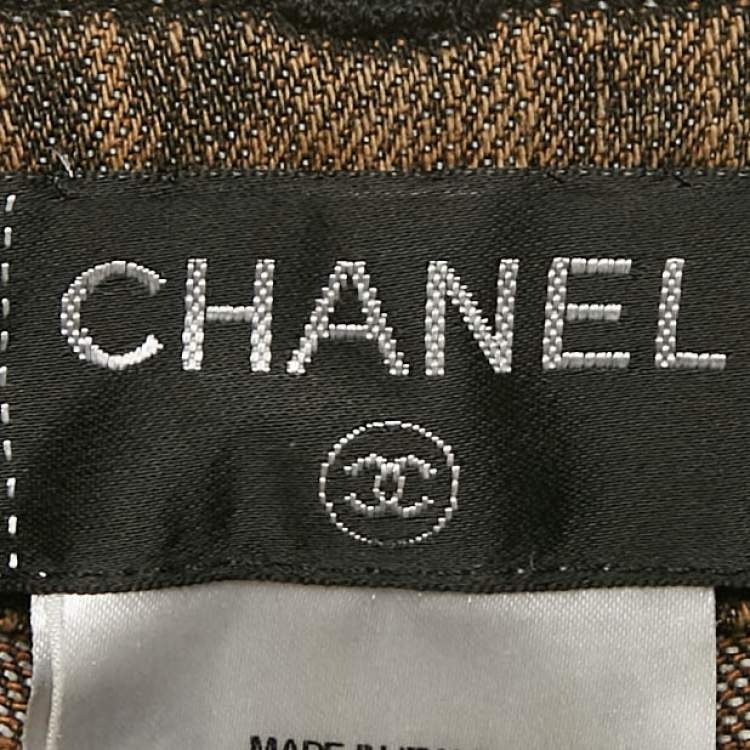 Pre Owned Chanel Brown Check Embroidery Denim Slit Detail Jeans M Waist 30"