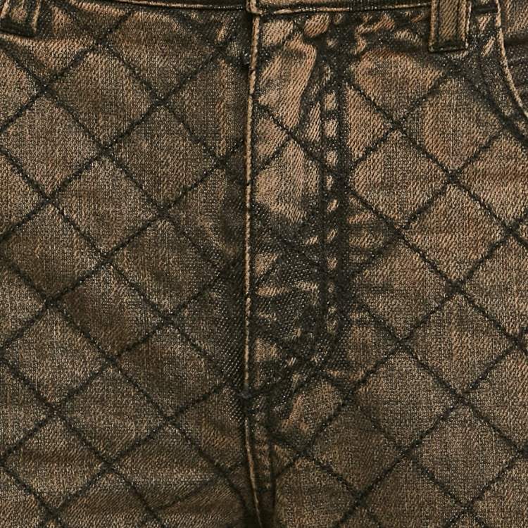 Pre Owned Chanel Brown Check Embroidery Denim Slit Detail Jeans M Waist 30"