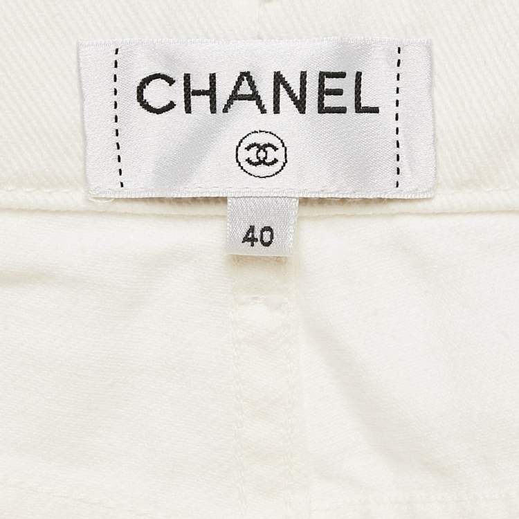 Pre Owned Chanel White Denim Foil Coated Shorts M
