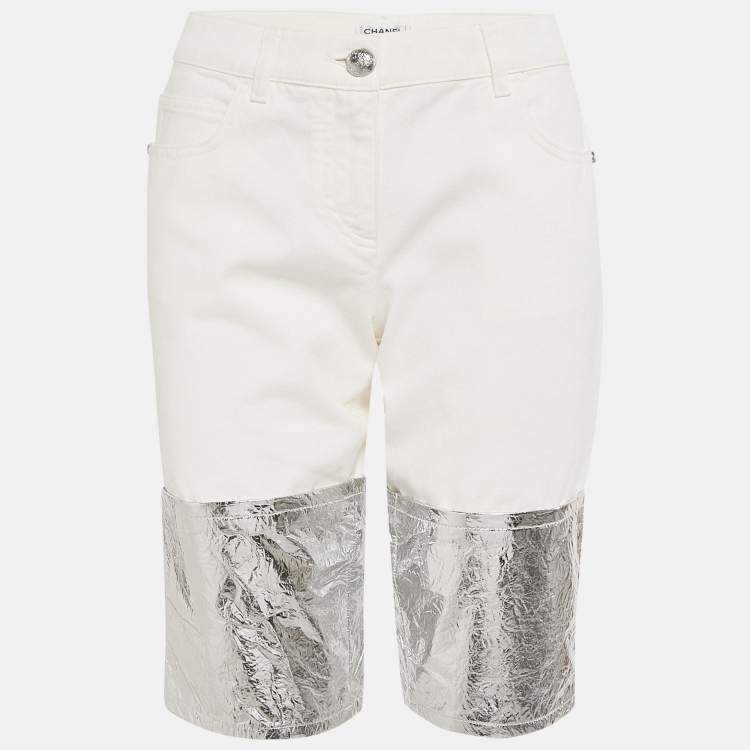 Pre Owned Chanel White Denim Foil Coated Shorts M