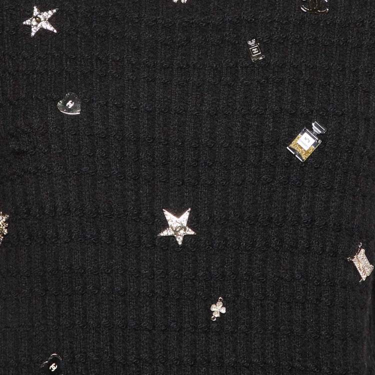 Pre Owned Chanel Black Lucky Charms Embellished Wool Blend Jumper L