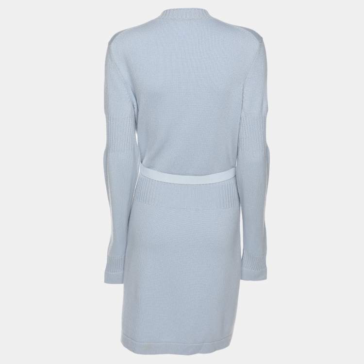 Pre Owned Chanel Light Blue Rib Knit Cashmere Long Sleeve Mini Belted Dress L