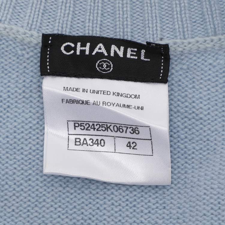 Pre Owned Chanel Light Blue Rib Knit Cashmere Long Sleeve Mini Belted Dress L