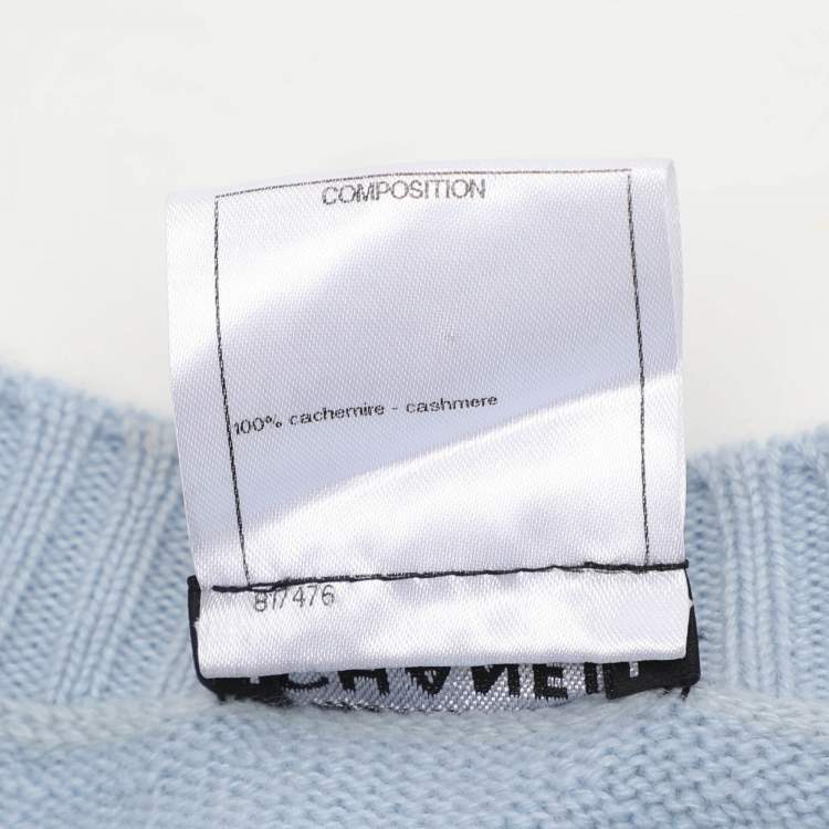 Pre Owned Chanel Light Blue Rib Knit Cashmere Long Sleeve Mini Belted Dress L