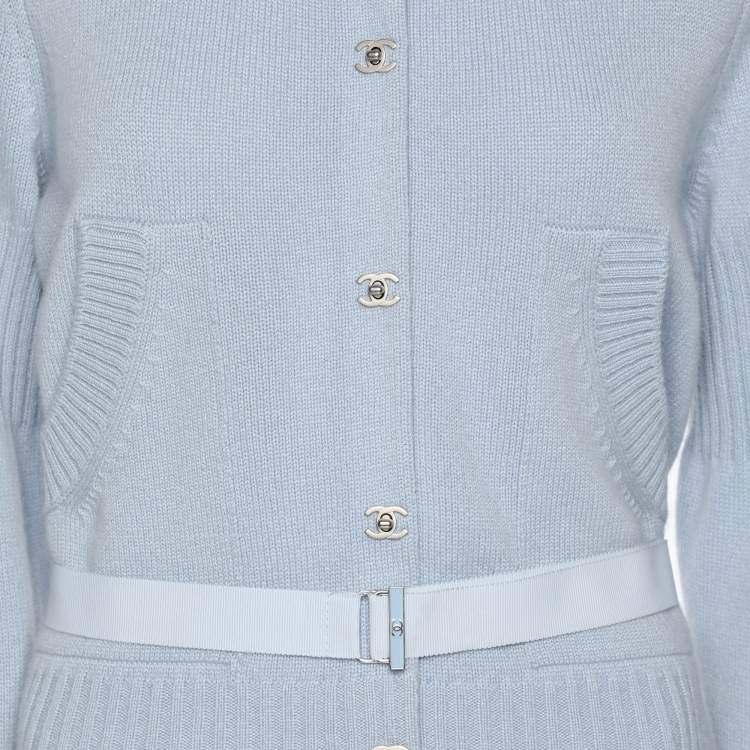 Pre Owned Chanel Light Blue Rib Knit Cashmere Long Sleeve Mini Belted Dress L
