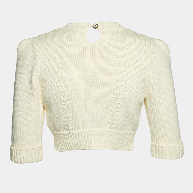 Pre Owned Chanel Cream Cotton Knit Cropped Pullover S