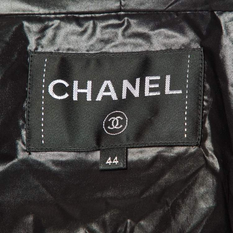 Pre Owned Chanel Black Nylon Hooded Zip Up Coat L