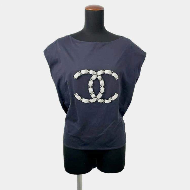 مملوكة مسبقًا Chanel Navy/White/Black Cotton CC Logo Sleeveless Shirt Size 34   Bag