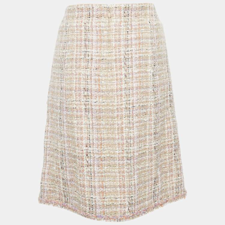Pre Owned Chanel Beige Tweed Pencil Skirt L