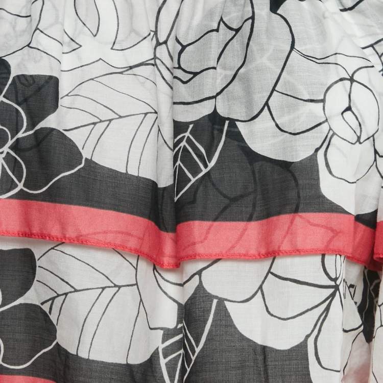 Pre Owned Chanel White/Pink Floral Print Cotton Ruffled Top S