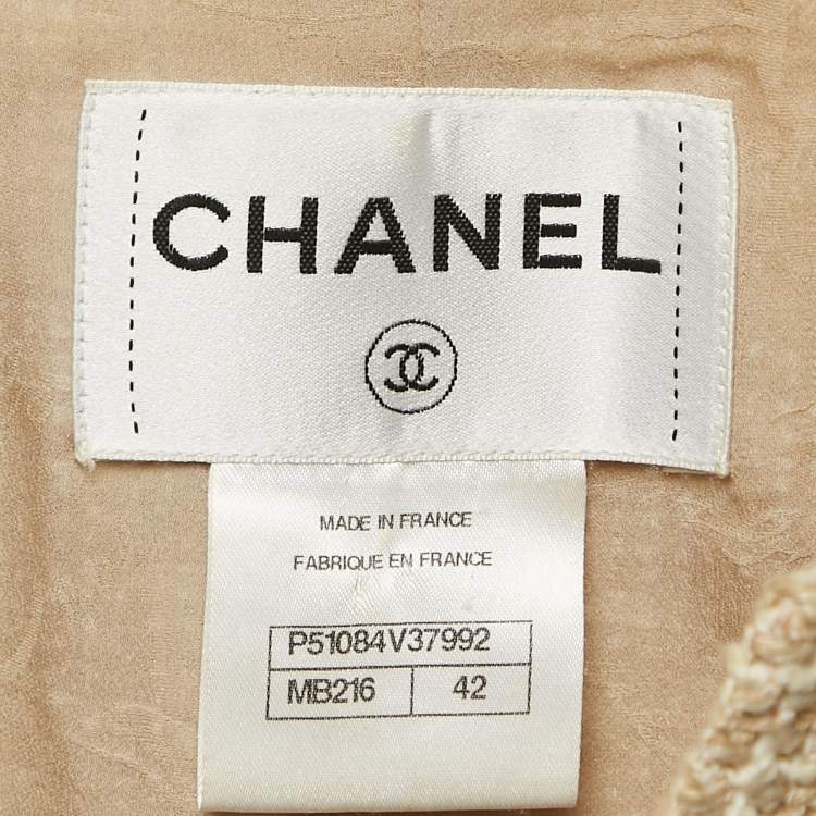 Pre Owned Chanel Beige Checks Tweed Zip-Up Jacket L