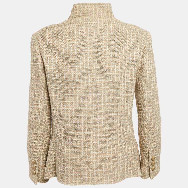 Pre Owned Chanel Beige Checks Tweed Zip-Up Jacket L