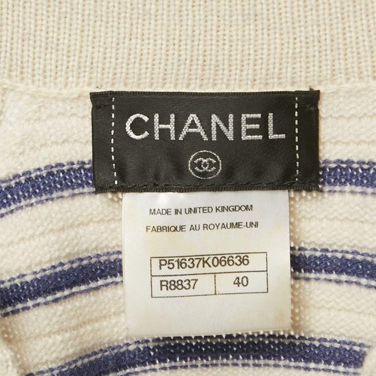 Pre Owned Chanel White/Blue Striped Rib Knit Buttoned Mini Dress M